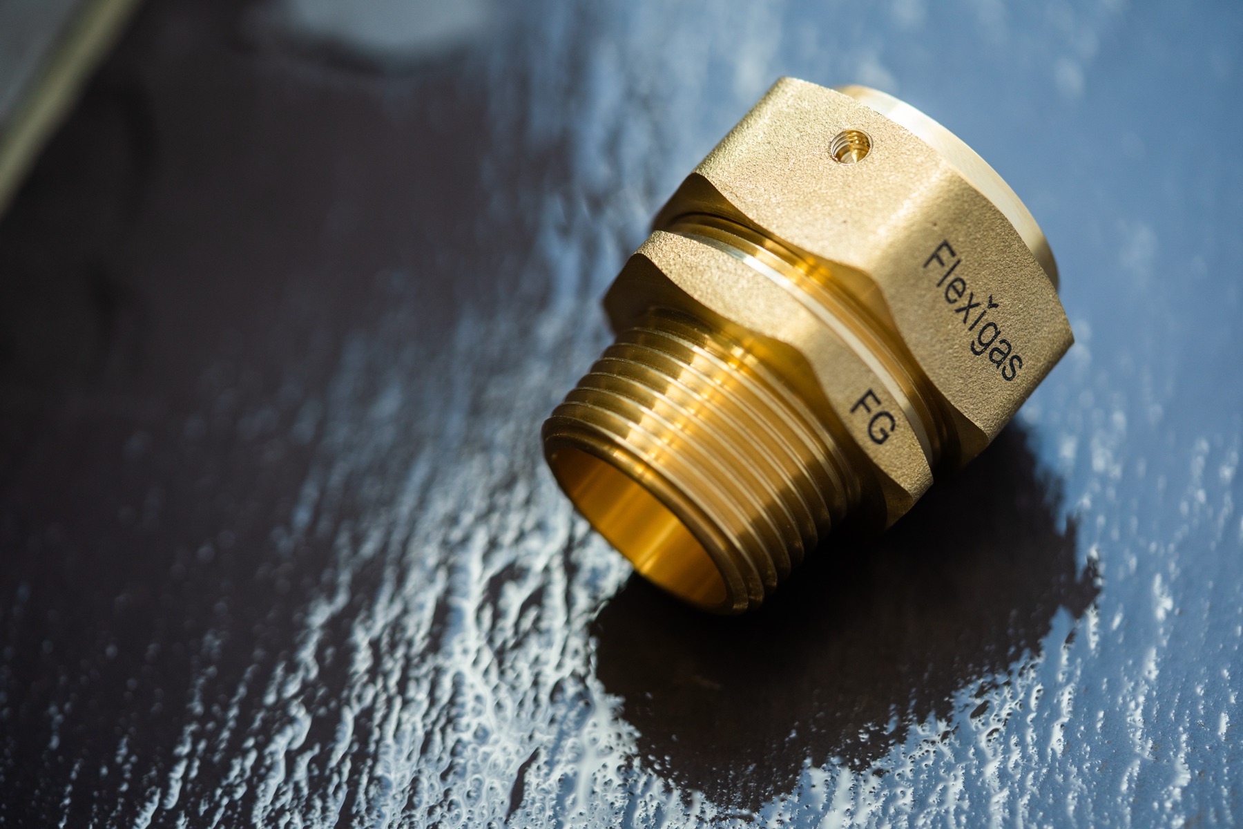 Close-up of a certified Flexigas brass fitting