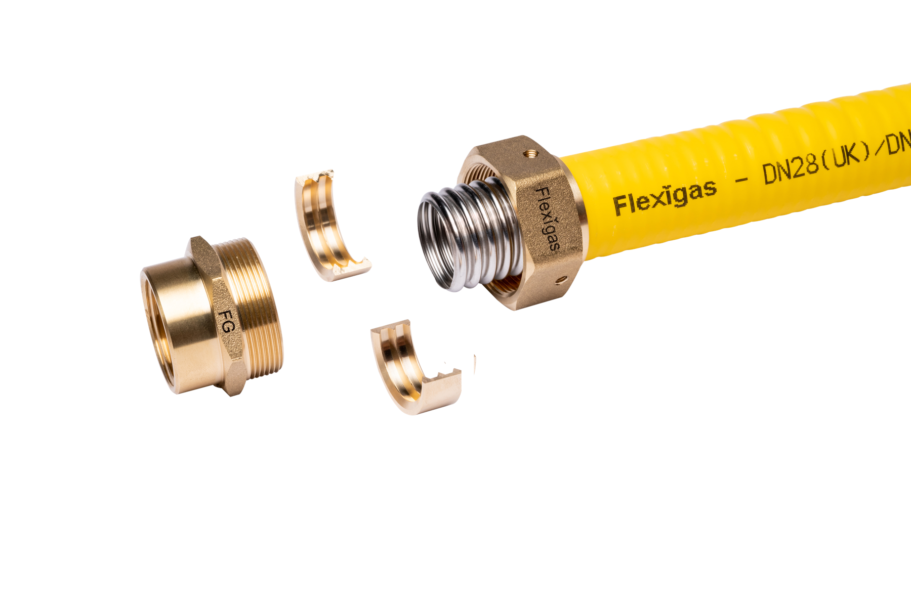 Exploded technical view of a Flexigas CSST fitting and corrugated stainless steel tube